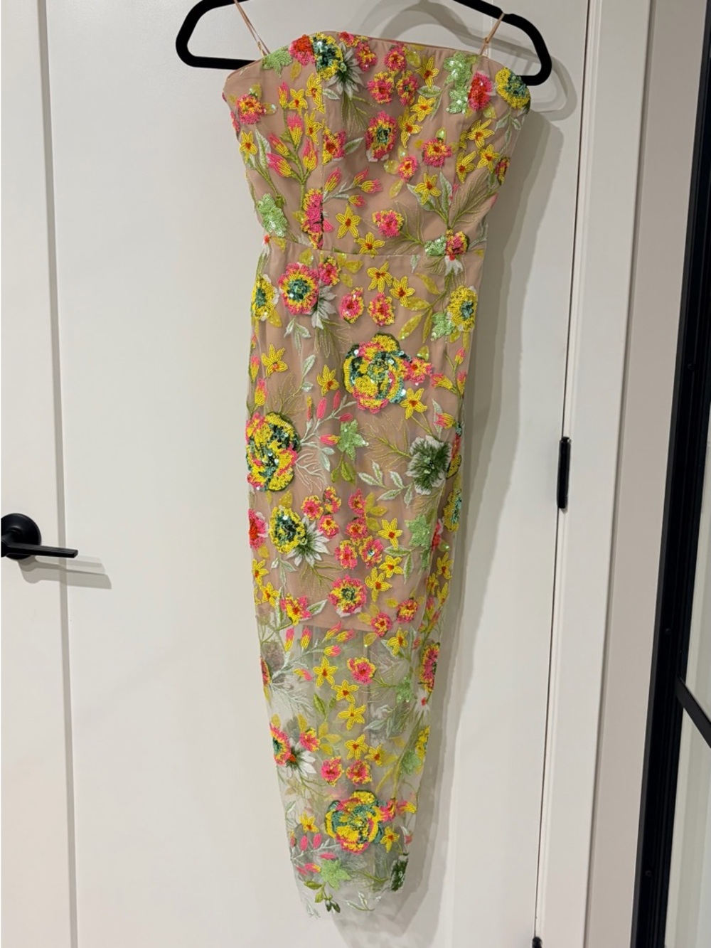 Milly Pink and Yellow Floral Strapless Dress with Nude Straps
